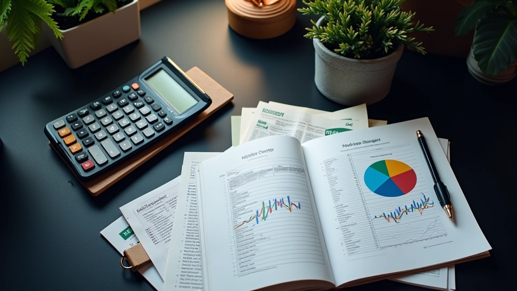 Finanční kalkulačka a výkazy na tmavém stole s notebookem, detailní analýza