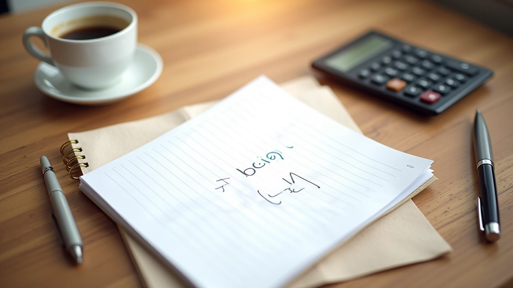 Otevřený notebook s finančními poznámkami vedle kalkulačky a pera na dřevěném stole