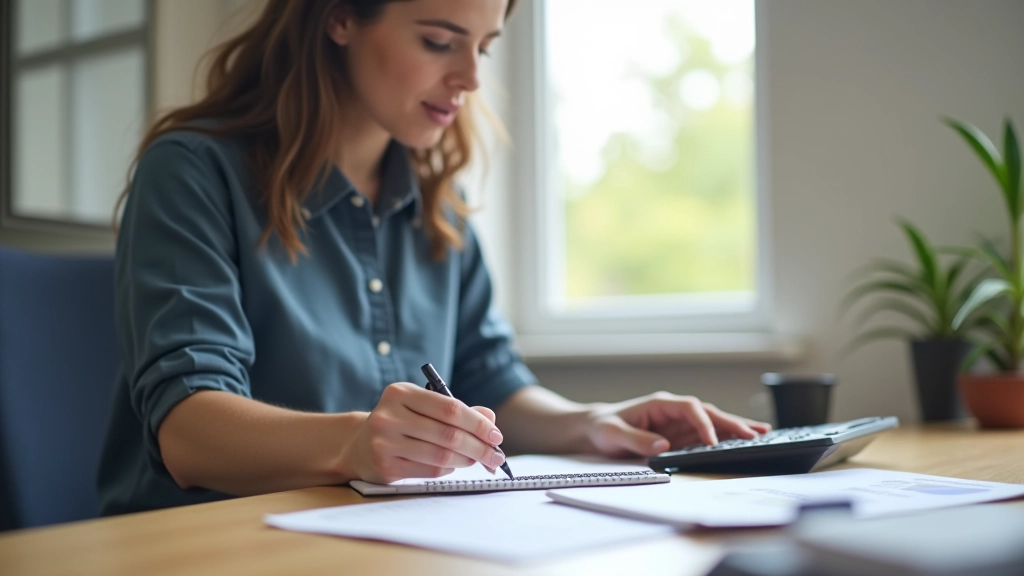 Příprava rozpočtu — notebook s tužkou, kalkulačka a tabulka výdajů na pracovním stole