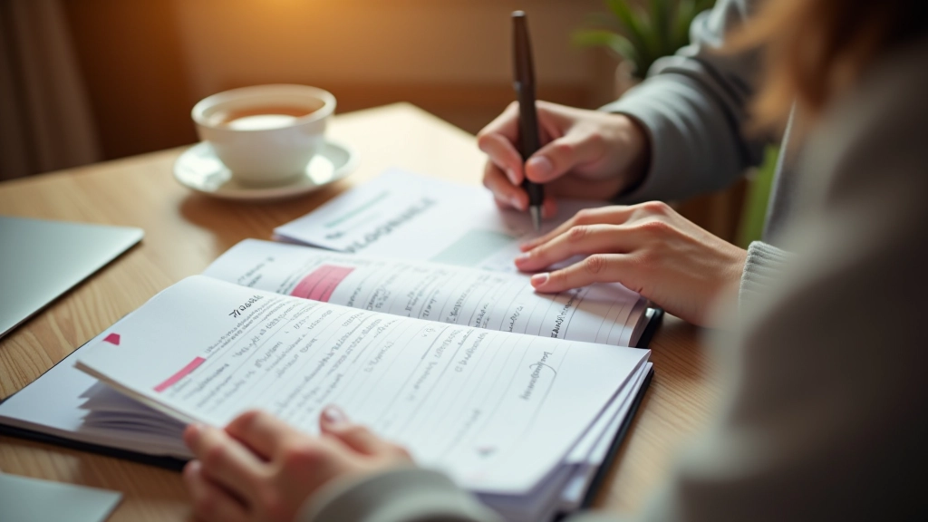 Osoba píšící finanční cíle do sešitu s koláčovým grafem