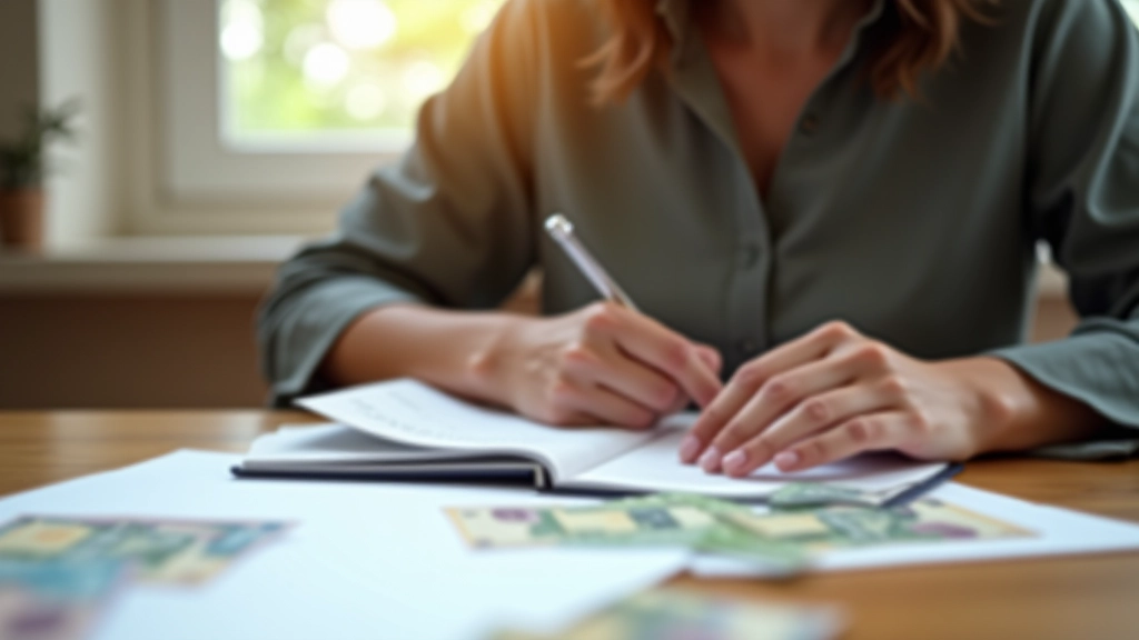 Osoba píšící rozpočet do sešitu s penězi rozloženými na stole, plánování